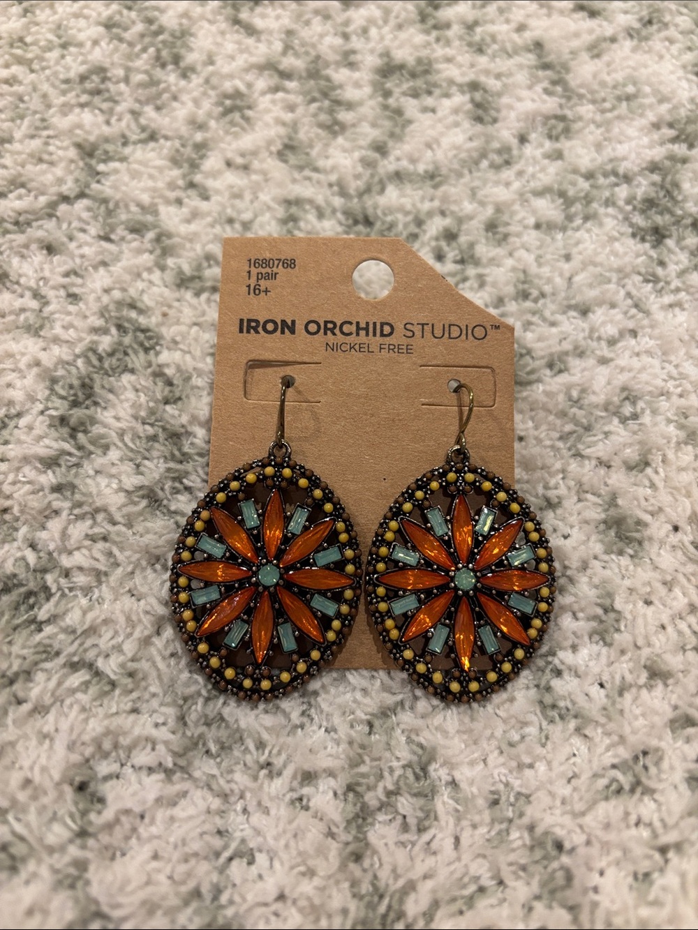 Iron Orchid Studio Orange & Turquoise Beaded Crystal Mandala Earrings NWT 2”